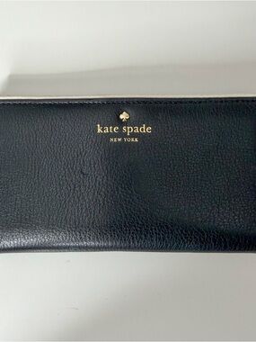 Kate Spade Black Leather Zip Wallet with Gold Logo.